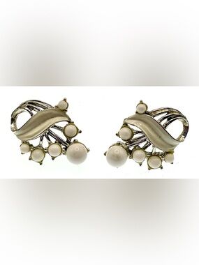 Vintage Mid Century Silver Tone Screw Back Earrings White Beads Retro Glam